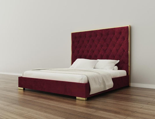 Bed Victoria Tufted Upholstered Suede Low Profile Bed (Deep Red w/ Gold trim)