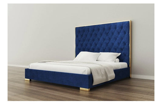 Bed Victoria Tufted Upholstered Suede Low Profile Bed (Royal blue w/ Gold trim)