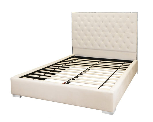 Bed VictoriaTufted Upholstered Suede Low Profile Bed (Cream w/ Silver trim)