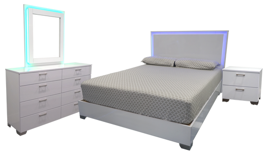 Bedroom Set 4Pcs Florence Glossy Platform White Led