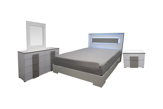 Bedroom Set 4Pcs Palermo Glossy Platform Led White/Grey