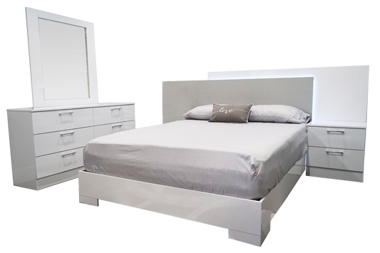 Bedroom Set 4Pcs Barcelona Glossy Platform Led White/Grey