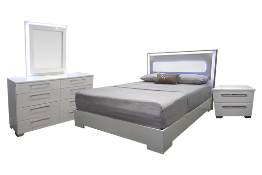 Bedroom Set 4Pcs Sorrento Glossy Platform Led White/Grey