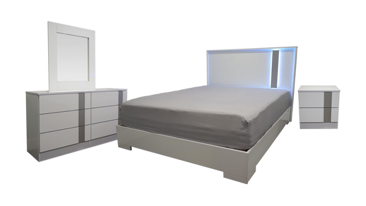 Bedroom Set 4Pcs Vienna Glossy Platform Led White/Grey Touch Open