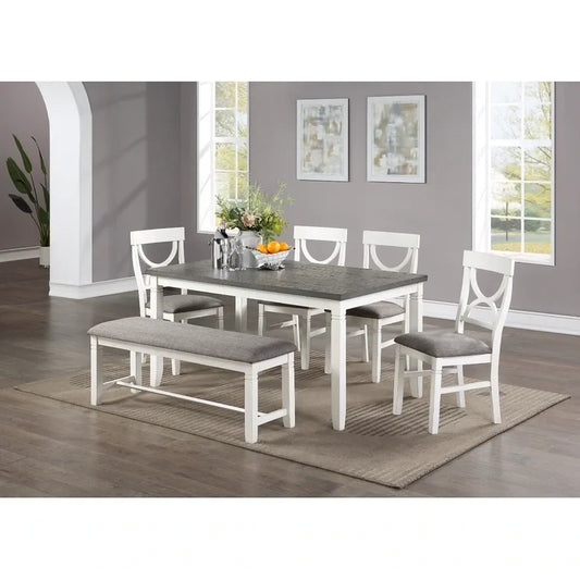 Dining Set 6 Pcs Table, Chairs, Bench White/Grey