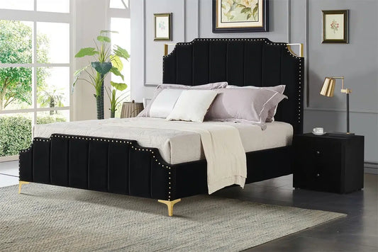 Bed Patricia Tufted Upholstered (Black w/ Gold trim)