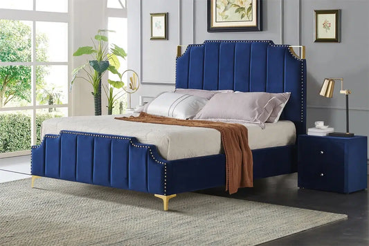 Bed Patricia Tufted Upholstered (Blue w/ Gold trim)