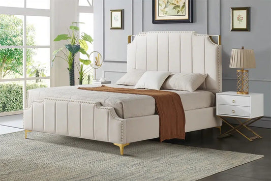 Bed Patricia Tufted Upholstered (Cream w/ Gold trim)