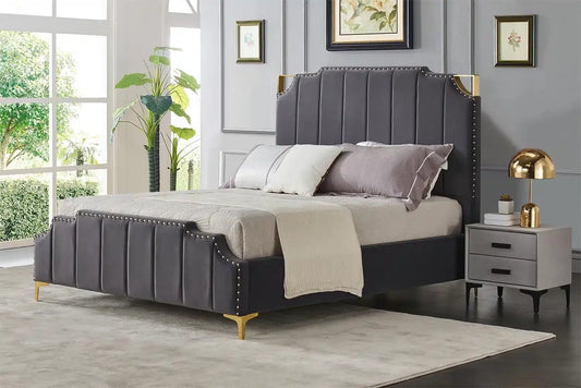 Bed Patricia Tufted Upholstered (Grey w/ Gold trim)